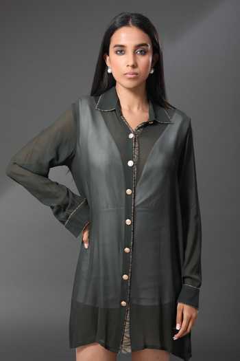 Buy_Zeefaa_Green Georgette Collared Neck Sheer Shirt Dress_Online_at_Aza_Fashions