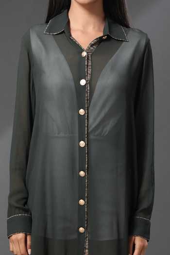 Shop Zeefaa Green Georgette Collared Neck Sheer Shirt Dress Online at Aza Fashions Shop_Zeefaa_Green Georgette Collared Neck Sheer Shirt Dress_Online_at_Aza_Fashions