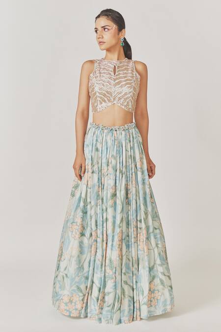 Buy_Anu Pellakuru_Sky Blue Muslin, Silk Pleated Floral Pattern Lehenga With Embellished Crop Top_Online_at_Aza_Fashions