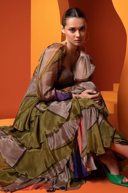 Buy Nautanky Purple Chiffon Square Neck Abstract Geometric Print Tiered Dress Online at Aza Fashions Buy_Nautanky_Purple Chiffon Square Neck Abstract Geometric Print Tiered Dress _Online_at_Aza_Fashions