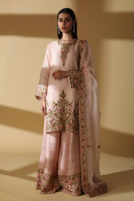 Zeefaa_Pink Raw Silk, Organza Floral Motifs Round Embroidered Kurta Set_Online_at_Aza_Fashions