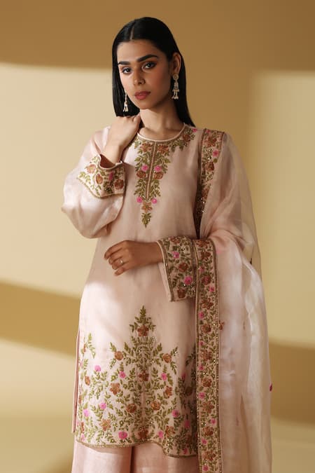 Shop_Zeefaa_Pink Raw Silk, Organza Floral Motifs Round Embroidered Kurta Set_Online_at_Aza_Fashions