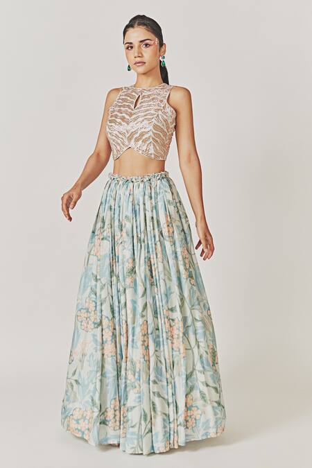 Anu Pellakuru_Sky Blue Muslin, Silk Pleated Floral Pattern Lehenga With Embellished Crop Top_at_Aza_Fashions
