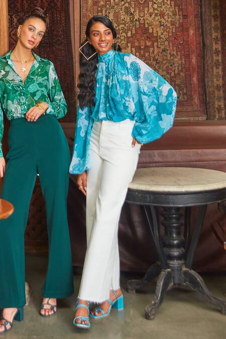 Ankita Dharman_Blue Georgette Floral Motifs High Neck Tiffany Balloon Sleeve Top_Online_at_Aza_Fashions