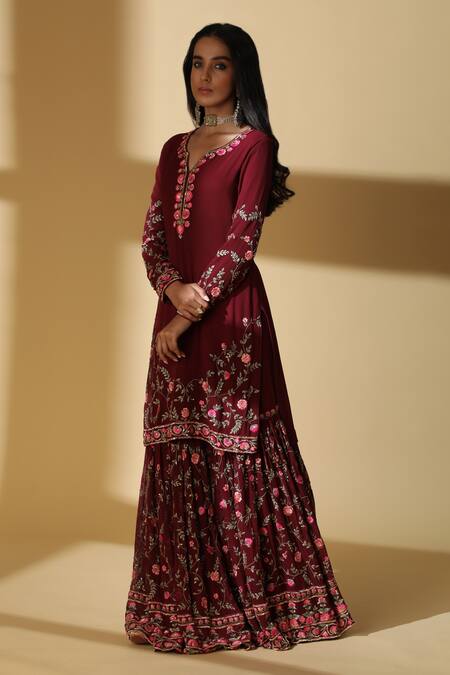 Zeefaa_Maroon Tulle, Georgette Floral Motifs V Neck Embroidered Kurta Gharara Set_Online_at_Aza_Fashions