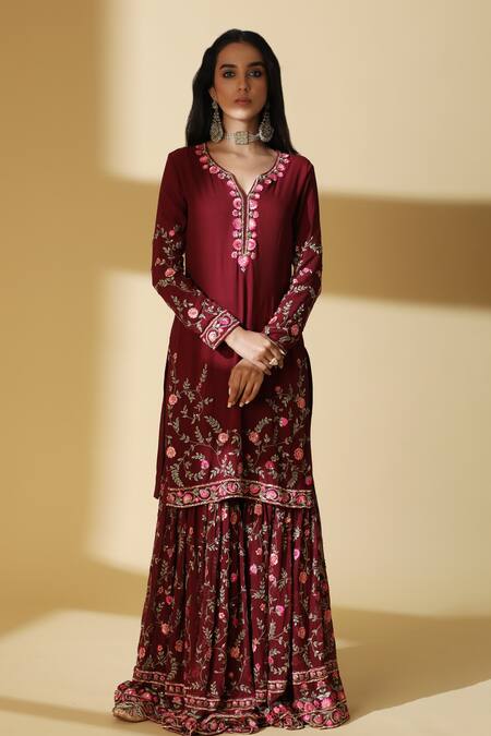 Buy_Zeefaa_Maroon Tulle, Georgette Floral Motifs V Neck Embroidered Kurta Gharara Set_Online_at_Aza_Fashions