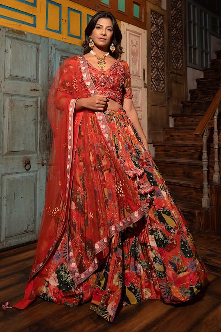 Buy_Vana Ethnics_Orange Net, Viscose Beads, Embroidery Printed Pleated Bridal Lehenga Set For Kids_Online_at_Aza_Fashions
