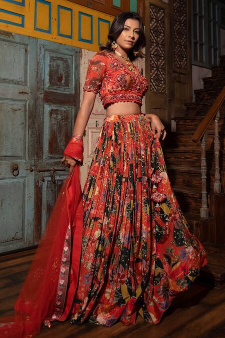 Vana Ethnics_Orange Net, Viscose Beads, Embroidery Printed Pleated Bridal Lehenga Set For Kids_at_Aza_Fashions