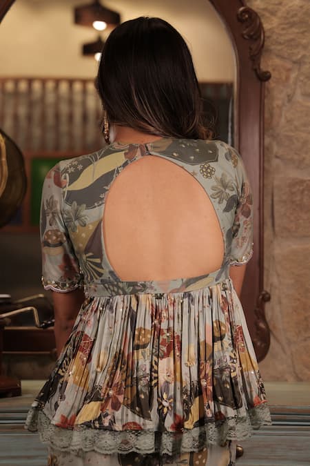 Buy_Vana Ethnics_Grey Viscose Floral, Bead Scallop V Neck Printed Peplum Top And Sharara Set _Online_at_Aza_Fashions