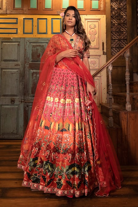Shop_Vana Ethnics_Orange Net, Viscose Floral, Zardozi V Embroidered Bridal Lehenga Bustier Set _Online_at_Aza_Fashions