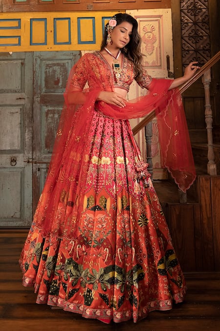Vana Ethnics_Orange Net, Viscose Floral, Zardozi V Embroidered Bridal Lehenga Bustier Set _at_Aza_Fashions