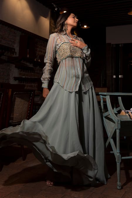 Vana Ethnics_Grey Organza, Net, Viscose Beads Stripe Print Shirt And Palazzo Set For Kids_Online_at_Aza_Fashions