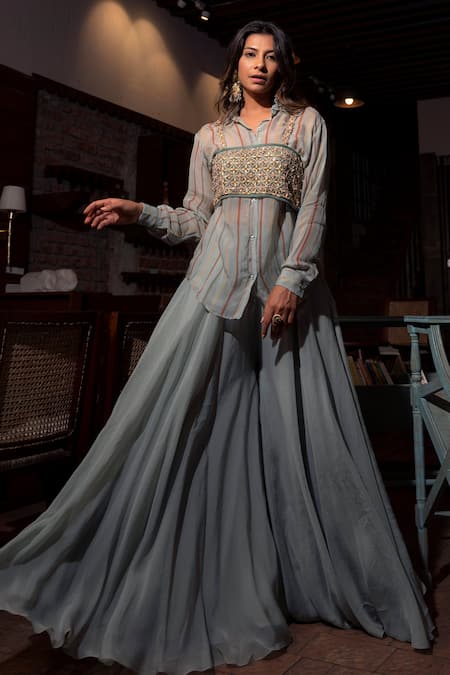 Buy_Vana Ethnics_Grey Organza, Net, Viscose Beads Stripe Print Shirt And Palazzo Set For Kids_Online_at_Aza_Fashions