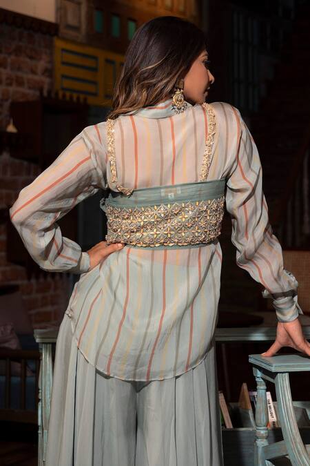 Shop_Vana Ethnics_Grey Organza, Net, Viscose Beads Stripe Print Shirt And Palazzo Set For Kids_Online_at_Aza_Fashions