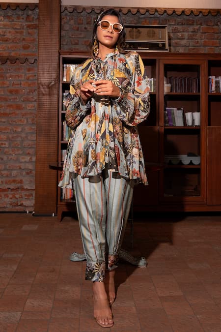 Vana Ethnics_Grey Silk, Viscose Sequins, Embroidery Printed Shirt And Pant Set For Kids_Online_at_Aza_Fashions