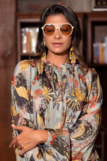 Buy_Vana Ethnics_Grey Silk, Viscose Sequins, Embroidery Printed Shirt And Pant Set For Kids_Online_at_Aza_Fashions