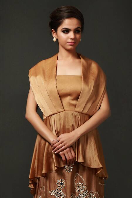 Shop_Nidzign Couture_Brown Embellished Square Layered Asymmetric Kurta And Pant Set _at_Aza_Fashions