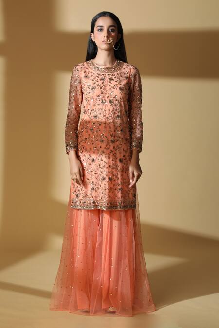 Zeefaa_Peach Tulle Floral Motifs Round Zardozi Embroidered Sharara Set_Online_at_Aza_Fashions