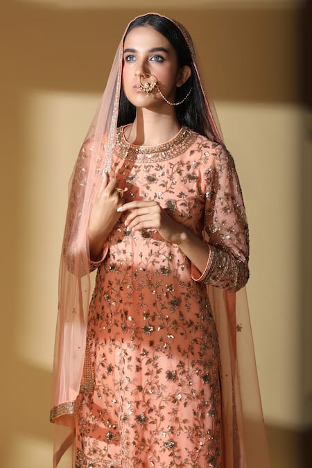 Shop_Zeefaa_Peach Tulle Floral Motifs Round Zardozi Embroidered Sharara Set_Online_at_Aza_Fashions