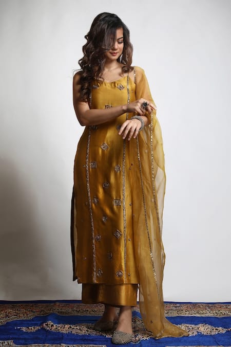 Shop_Mona And Vishu_Gold Dupatta  Organza, Kurta And Pant  Dupion Hand Embroidered Straight Set _Online_at_Aza_Fashions
