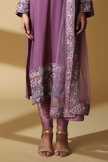 Buy_Zeefaa_Purple Tulle, Georgette, Lycra Floral Motifs Notched Embroidered Long Kurta Set _Online_at_Aza_Fashions