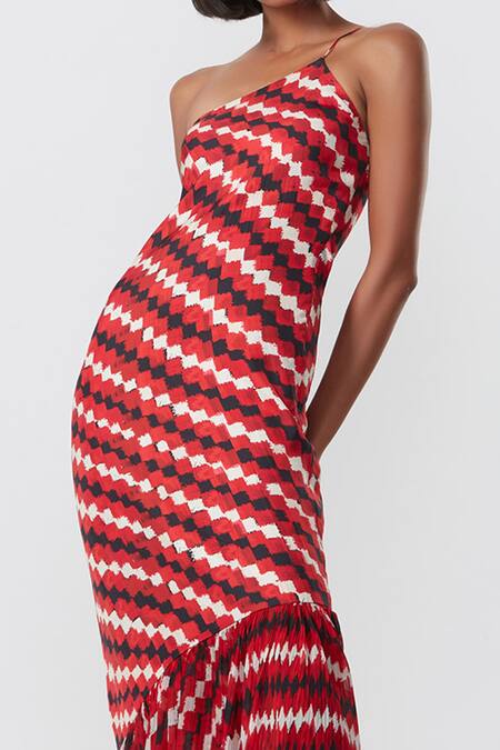 Saaksha & Kinni Red Cotton Silk Printed Abstract Pattern One Shoulder Dress Online at Aza Fashions Saaksha & Kinni_Red Cotton Silk Printed Abstract Pattern One Shoulder Dress_Online_at_Aza_Fashions