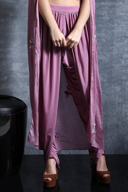 Nidzign Couture_Purple Embroidery Round Cape Top And Dhoti Pant Set _Online_at_Aza_Fashions