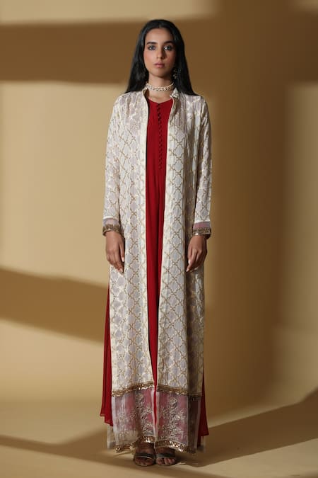 Zeefaa_White Georgette, Lycra, Brocade Zardozi Jacket Band Collar Anarkali Set With_Online_at_Aza_Fashions