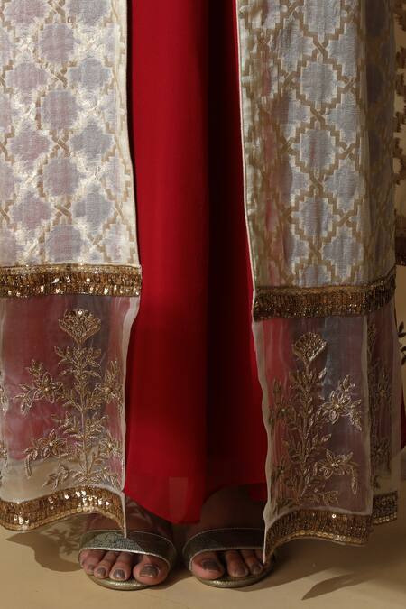 Shop_Zeefaa_White Georgette, Lycra, Brocade Zardozi Jacket Band Collar Anarkali Set With_Online_at_Aza_Fashions