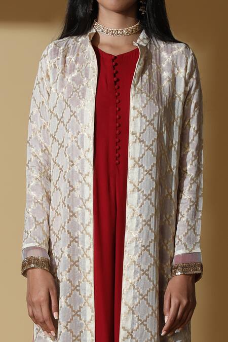 Zeefaa_White Georgette, Lycra, Brocade Zardozi Jacket Band Collar Anarkali Set With_at_Aza_Fashions