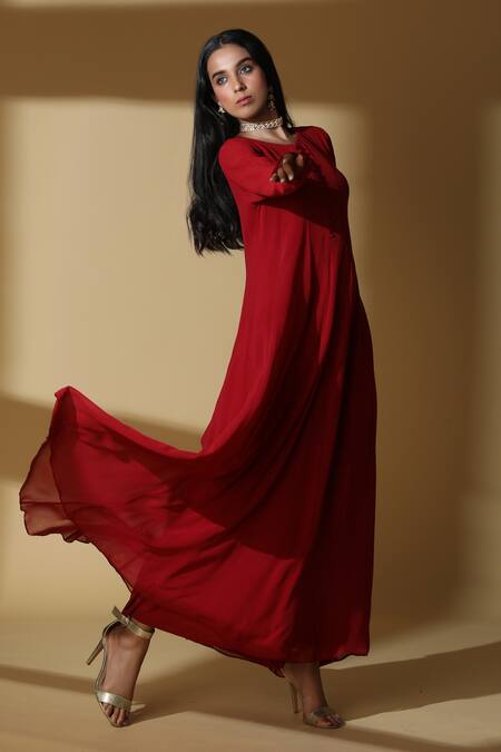 Zeefaa_Maroon Georgette, Lycra V Neck Long Anarkali And Churidar Set_Online_at_Aza_Fashions