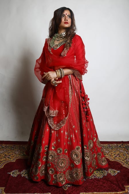 Mona And Vishu Red Dupatta Organza, Lehenga And Blouse Dupion Silk Hand Embroidered Set Online at Aza Fashions Mona And Vishu_Red Dupatta Organza, Lehenga And Blouse Dupion Silk Hand Embroidered Set _Online_at_Aza_Fashions