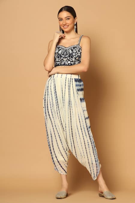 Two Sisters By Gyans_Blue Georgette Beads, Sequins Sweetheart Neck Tie Dye Cape And Dhoti Pant Set _Online_at_Aza_Fashions