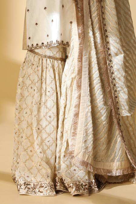 Shop_Zeefaa_White Cotton, Brocade Zardozi V Neck Embroidered Gharara Set_Online_at_Aza_Fashions