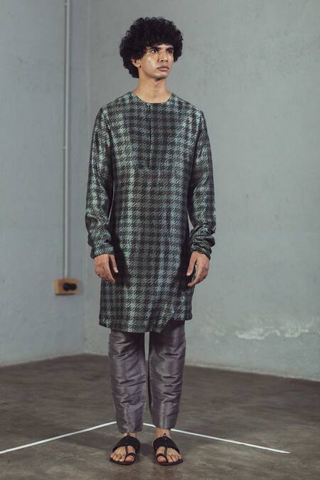 Mitesh Lodha_Grey Raw Silk Printed Kurta_Online_at_Aza_Fashions