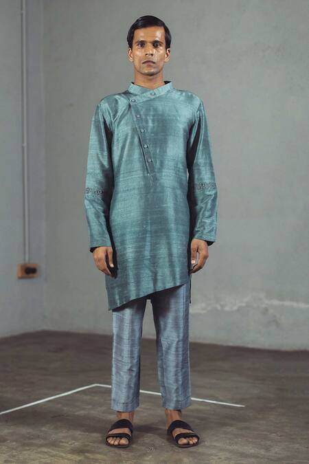 Mitesh Lodha_Grey Raw Silk Asymmetric Kurta_Online_at_Aza_Fashions