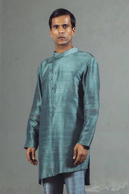 Buy_Mitesh Lodha_Grey Raw Silk Asymmetric Kurta_Online_at_Aza_Fashions