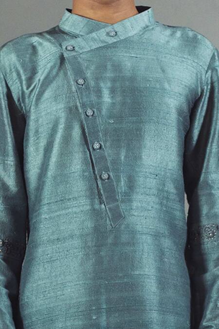 Shop_Mitesh Lodha_Grey Raw Silk Asymmetric Kurta_Online_at_Aza_Fashions