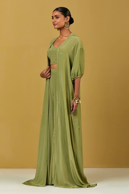 Ikshita Choudhary Green Crepe Sequins V-neck Work Cape And Palazzo Set Online at Aza Fashions Ikshita Choudhary_Green Crepe Sequins V-neck Work Cape And Palazzo Set_Online_at_Aza_Fashions