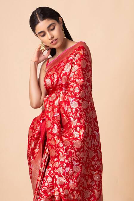 Shop Ekaya Banaras Red Handwoven Banarasi Silk Saree at Aza Fashions Shop_Ekaya Banaras_Red Handwoven Banarasi Silk Saree_at_Aza_Fashions