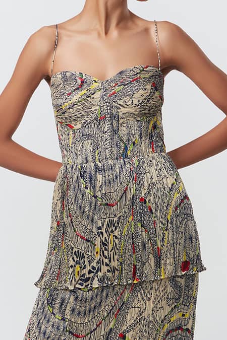 Saaksha & Kinni Multi Color Chiffon Cut Work Sweetheart Neck Abstract Print Three Tier Dress Online at Aza Fashions Saaksha & Kinni_Multi Color Chiffon Cut Work Sweetheart Neck Abstract Print Three Tier Dress _Online_at_Aza_Fashions