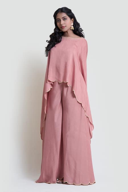 Buy Brij Pink Silk Embroidered Hem Cape And Flared Pant Set Online at Aza Fashions Buy_Brij_Pink Silk Embroidered Hem Cape And Flared Pant Set _Online_at_Aza_Fashions