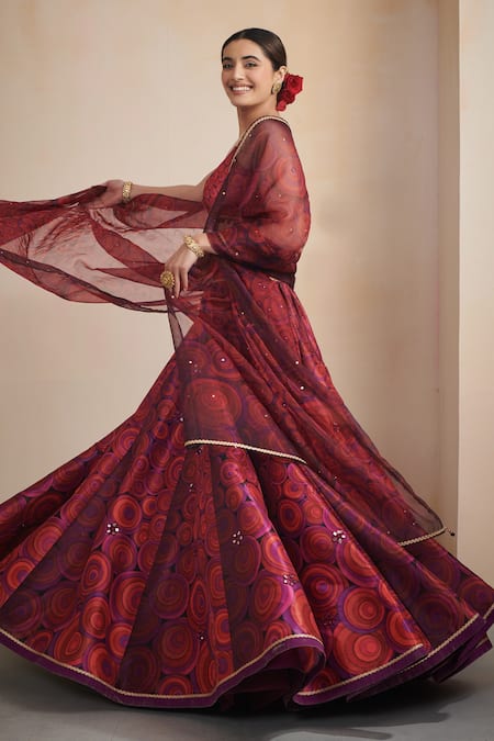 Buy_Cedar & Pine_Fuchsia Dupion Printed And Embroidered Orbit Deep V Lehenga Set  _Online_at_Aza_Fashions