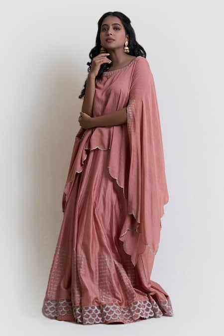 Brij_Pink Chanderi Silk Scalloped Cape And Lehenga Set _Online_at_Aza_Fashions