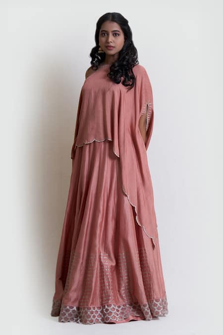 Buy_Brij_Pink Chanderi Silk Scalloped Cape And Lehenga Set _Online_at_Aza_Fashions