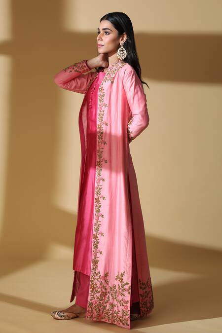 Zeefaa_Pink Chanderi Floral Motifs Jacket Band Collar Kurta Set With_Online_at_Aza_Fashions