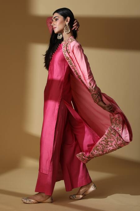 Buy_Zeefaa_Pink Chanderi Floral Motifs Jacket Band Collar Kurta Set With_Online_at_Aza_Fashions