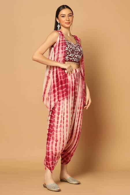 Two Sisters By Gyans_Maroon Georgette Beads, Sequins Tie Dye High Low Hem Cape And Dhoti Pant Set _Online_at_Aza_Fashions