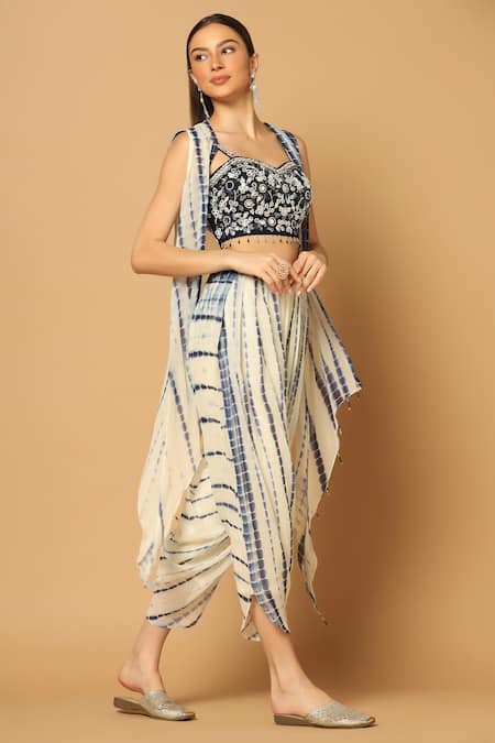 Buy_Two Sisters By Gyans_Blue Georgette Beads, Sequins Sweetheart Neck Tie Dye Cape And Dhoti Pant Set _Online_at_Aza_Fashions