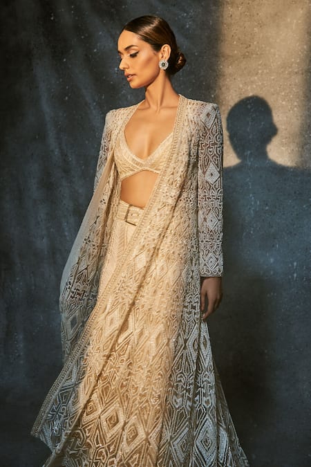 Ritika Mirchandani Ivory Net Embroidery Bead Jacket Open Resham Sharara Set Online at Aza Fashions Ritika Mirchandani_Ivory Net Embroidery Bead Jacket Open Resham Sharara Set _Online_at_Aza_Fashions